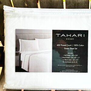 Tahari Queen Size Cotton White Sheet Set Raised Embroidered Scallop / 400 TC